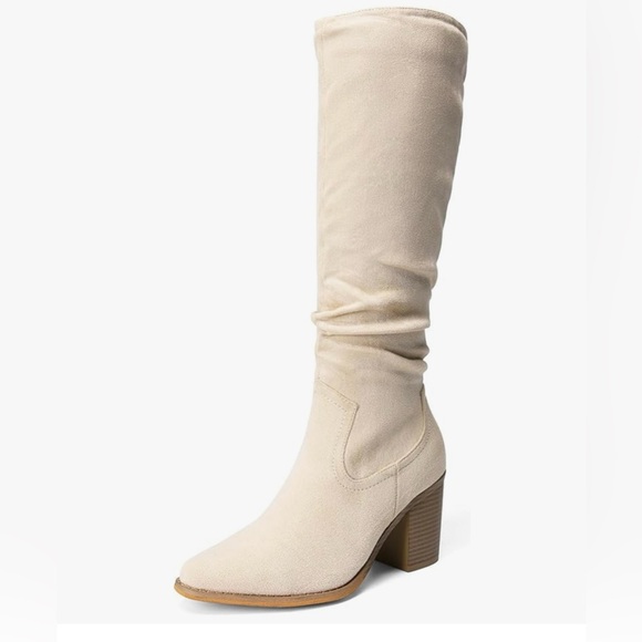 Shoes - Cream Suede Knee-High Block Heel Boots